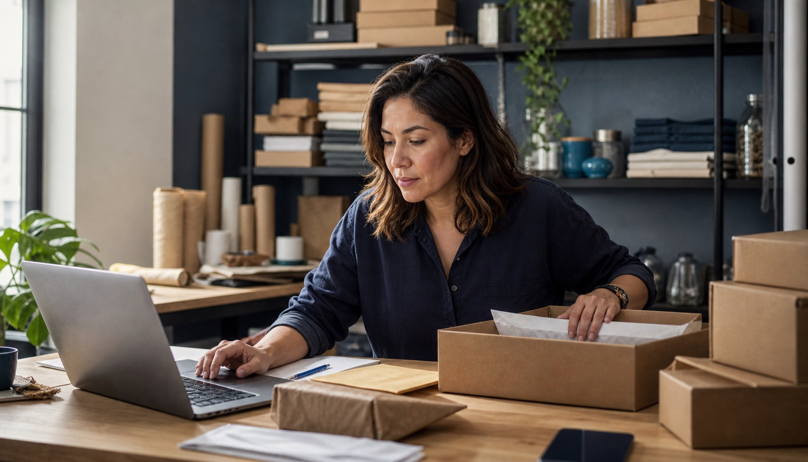 Ecommerce owner working between orders and a laptop