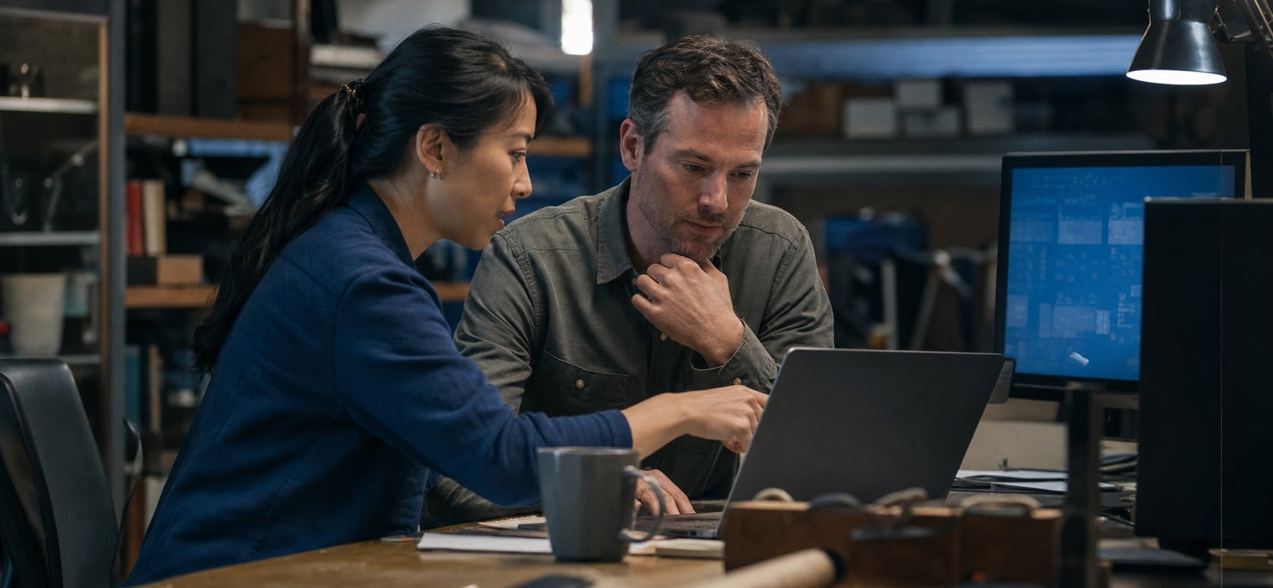 Two business operators reviewing an important decision together